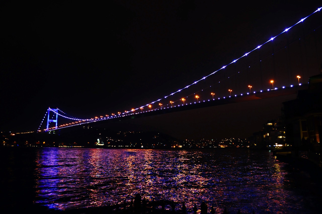 Bosphorus Bridge illuminated at night with lights reflecting on the water