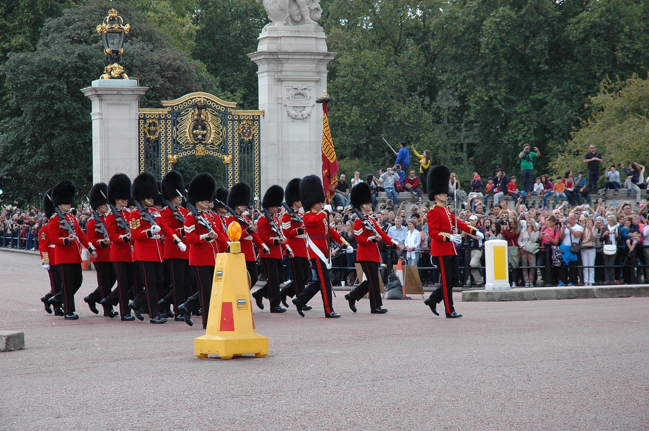 Military musicians playing instruments during the Changing of the Guard ceremony