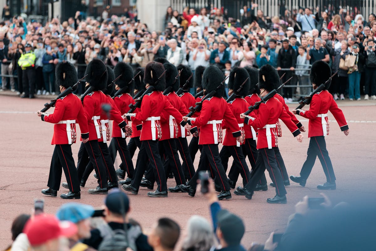Soldiers in ceremonial dress during the Changing of the Guard at Buckingham Palace