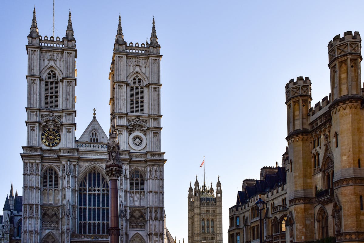 View of Westminster Abbey Gothic facade and towers in London