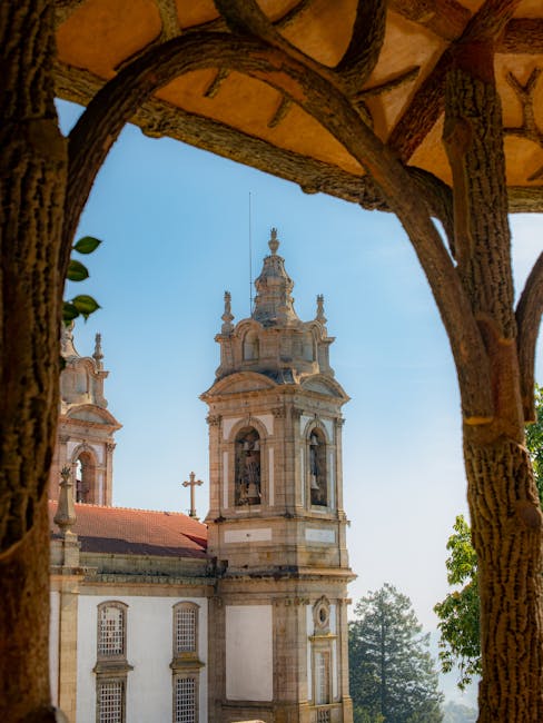 Historic center of Braga Portugal with ornate cathedral square