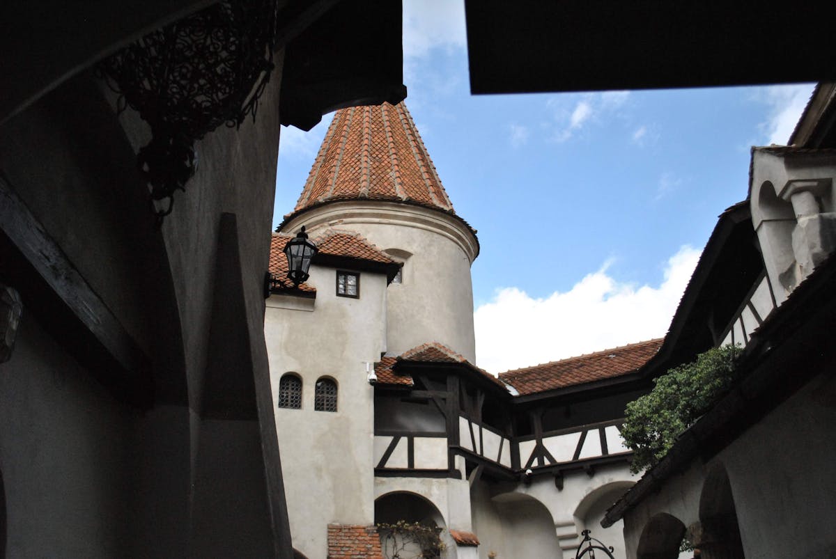 Medieval castle courtyard with tower view at Bran Castle