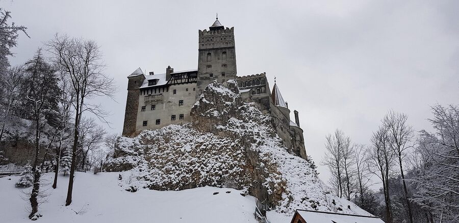 Bran Castle covered in snow during winter