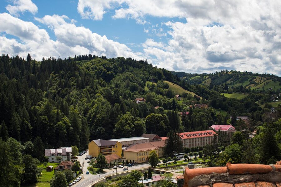 Panoramic view of town near Bran Castle with green hills and forests