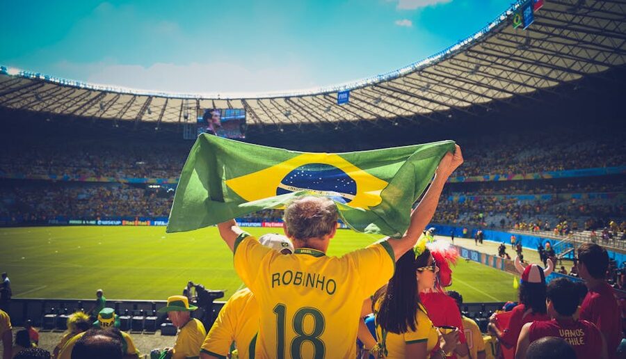 Brazilian fan with flag in football stadium