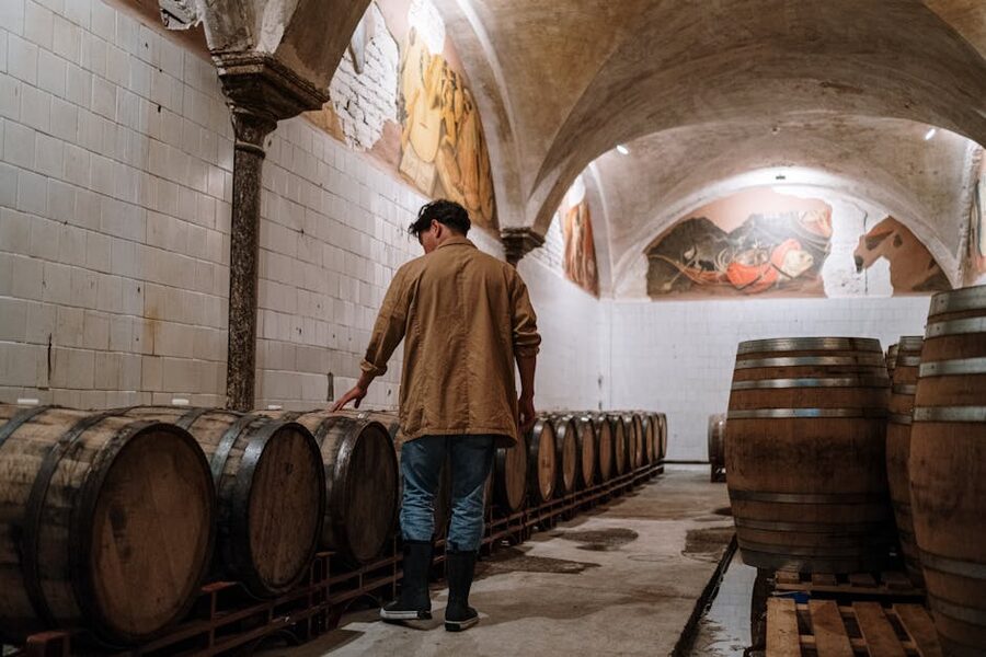 Brewery cellar with wooden barrels