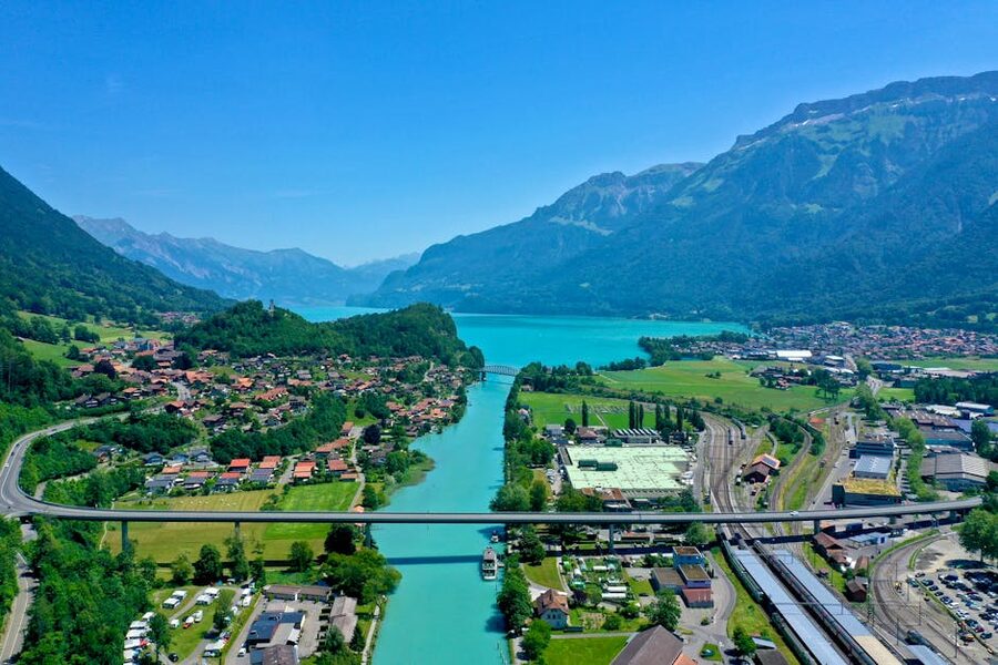 Aerial view of Brienz Switzerland with blue lake