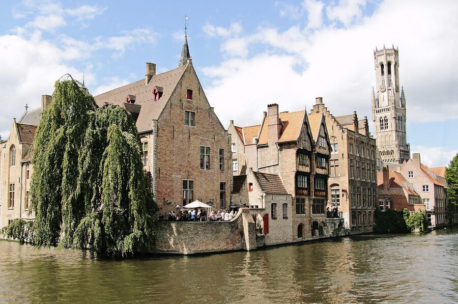 Bruges canal and Belfry medieval postcard view