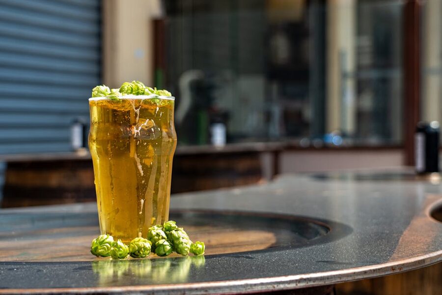 Belgian beer glass with fresh hops on the side