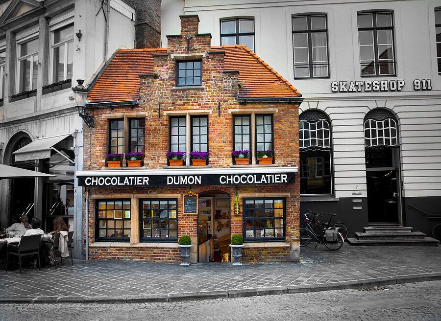 Chocolatier Dumon shopfront in Bruges with display window