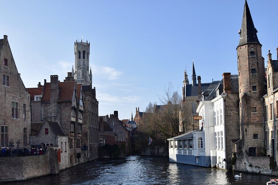 Rozenhoedkaai canal corner and Belfry of Bruges