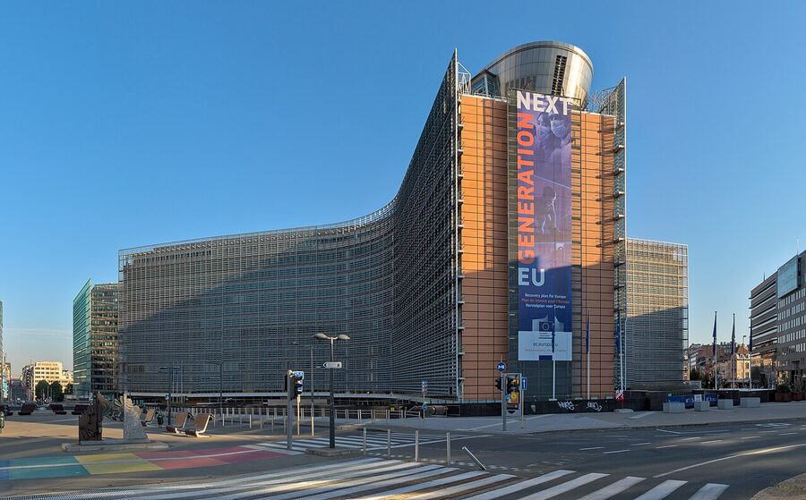 Berlaymont building in Brussels EU Quarter with European flags