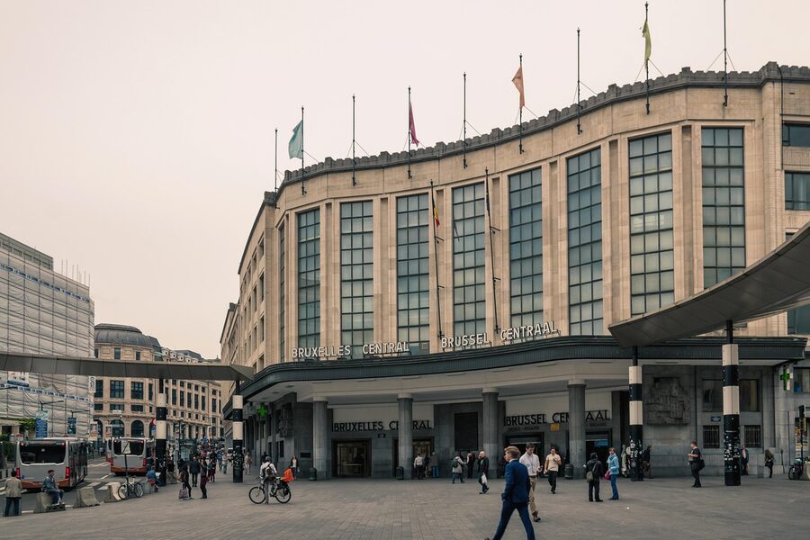 Brussels Central train station entrance with travelers