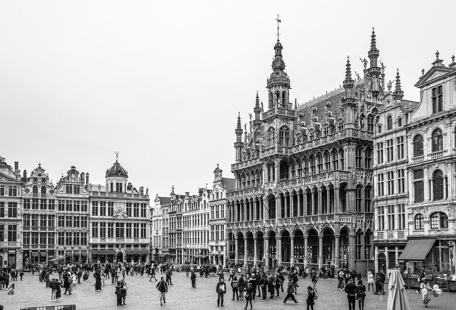 Brussels Grand Place town hall tower in black and white