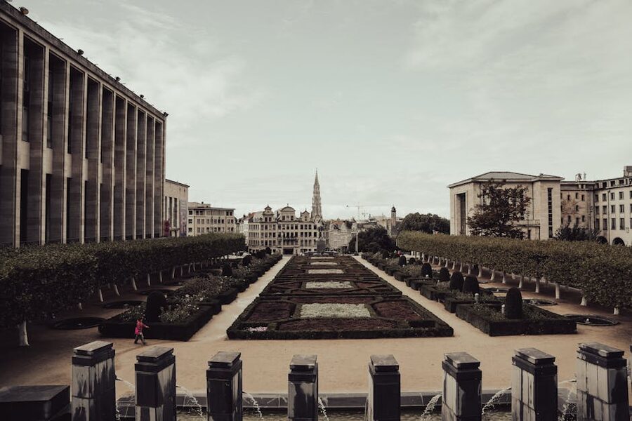 Brussels Mont des Arts garden with formal hedges and views