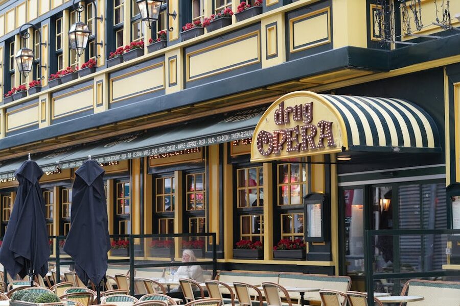 Drug Opera cafe terrace in Brussels evening