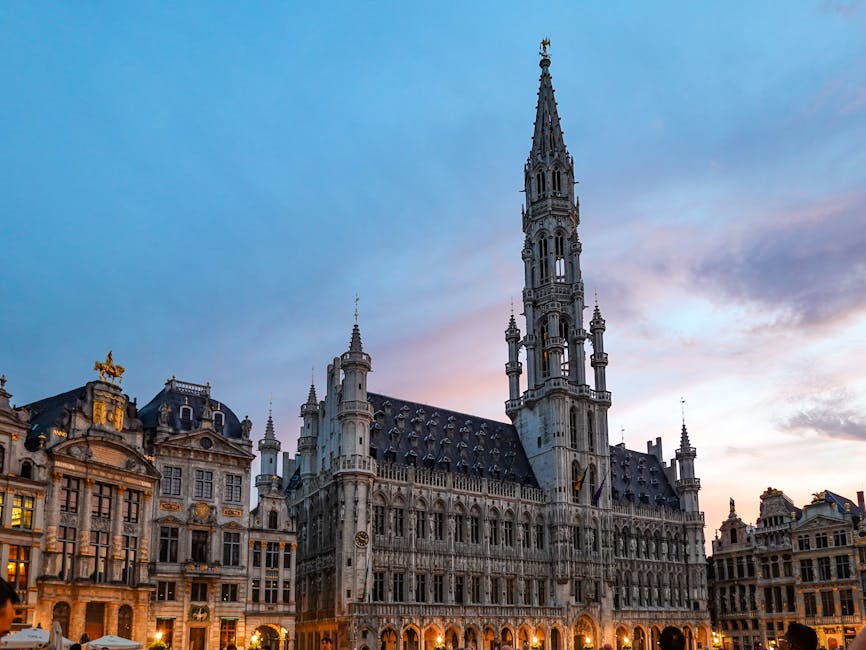 Brussels Town Hall on Grand Place at sunset