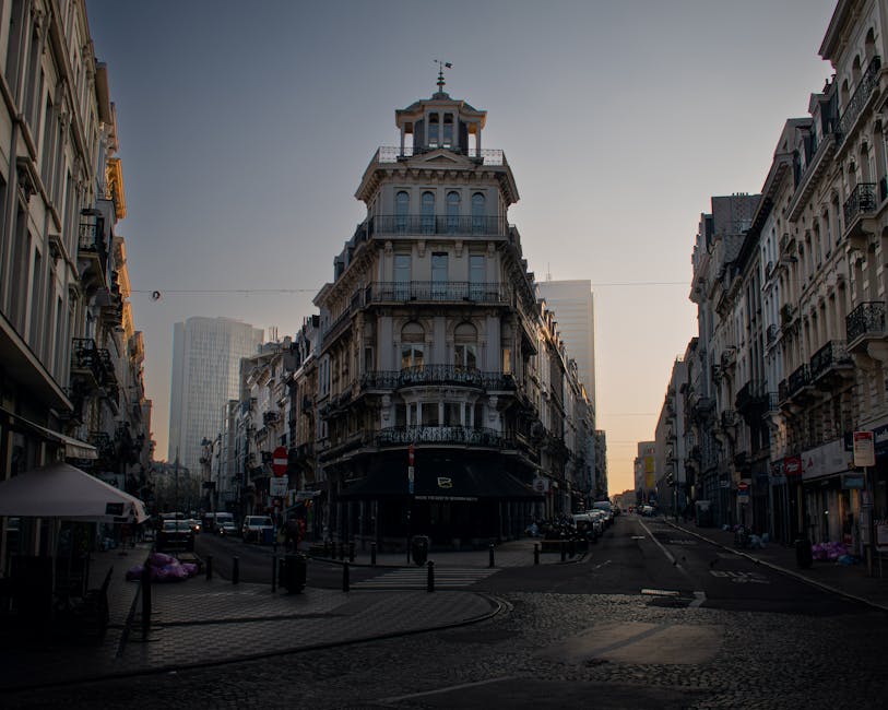 Brussels architecture at sunset golden hour