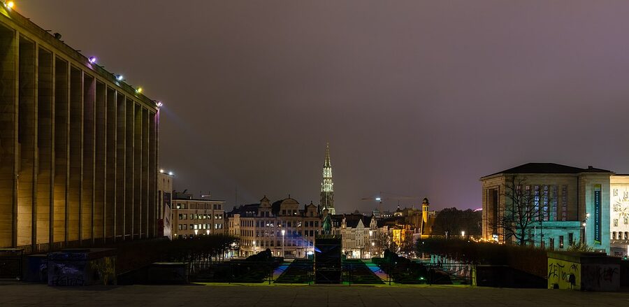Mont des Arts garden Brussels view of Town Hall tower