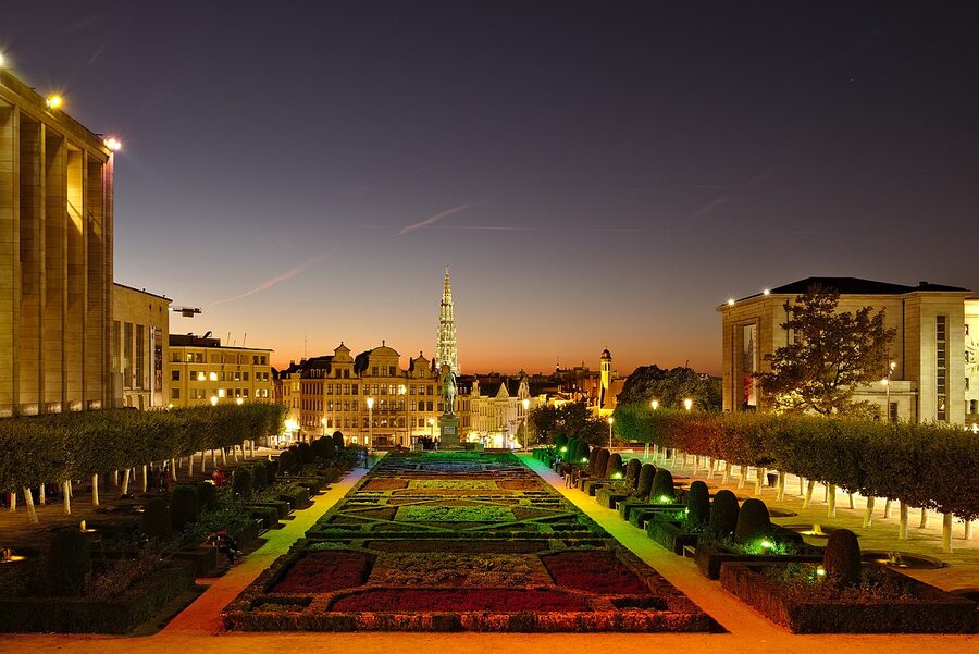 Mont des Arts garden Brussels at twilight viewpoint