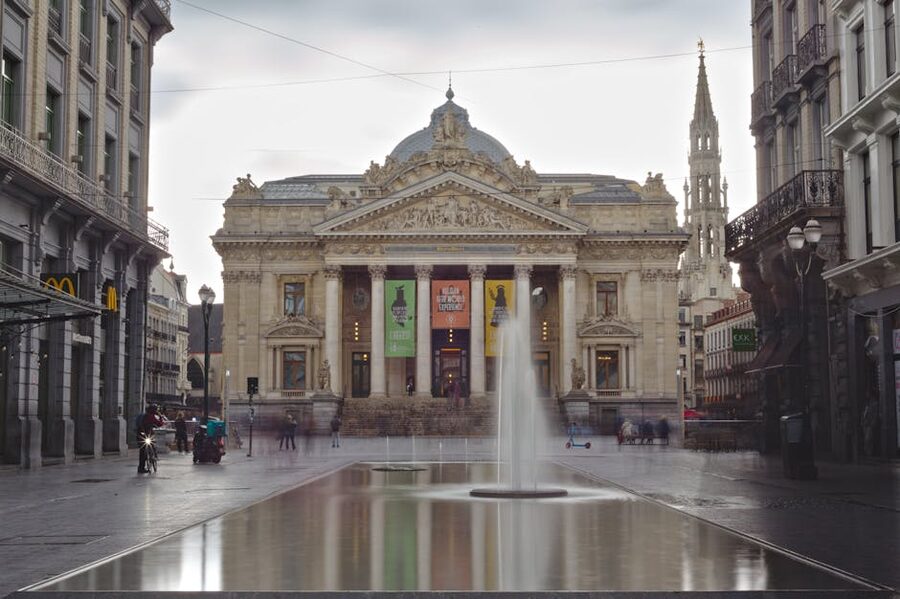 Brussels Stock Exchange Bourse with reflection pool