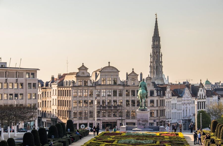Brussels Town Hall tower above Grand Place gabled buildings