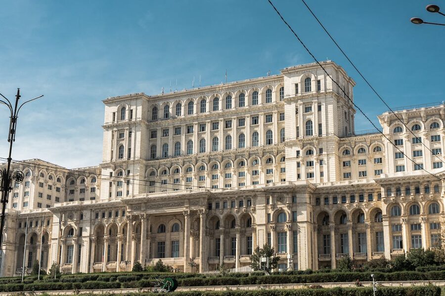 Palace of the Parliament in Bucharest Romania under clear skies