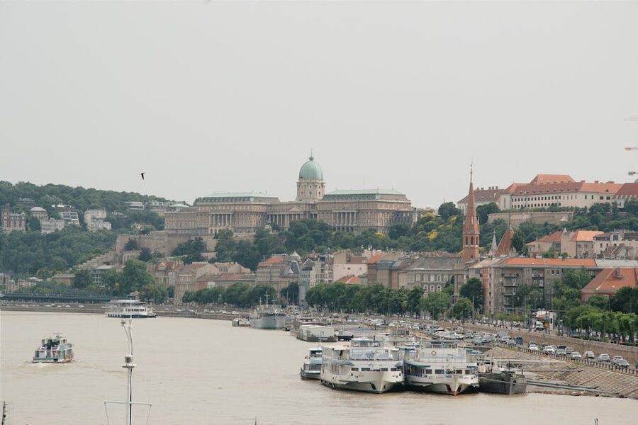 Aerial view Buda Castle along the Danube