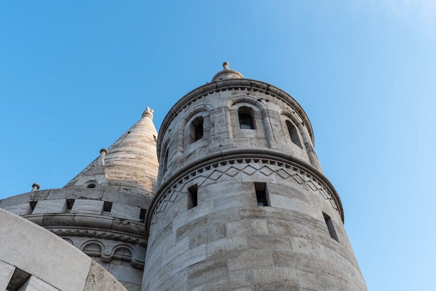 White towers of Fishermans Bastion against blue sky