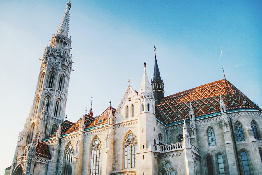 Matthias Church in the Buda Castle District under blue sky