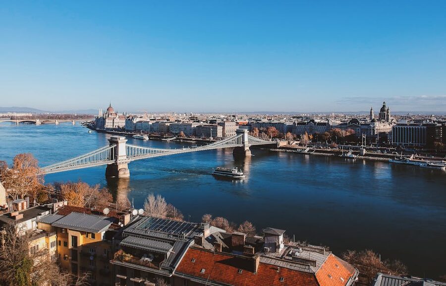 Aerial view of Budapest with Chain Bridge over the Danube