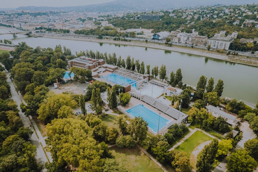Budapest aerial Danube River and pools view