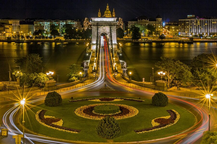 Illuminated Chain Bridge over the Danube at night