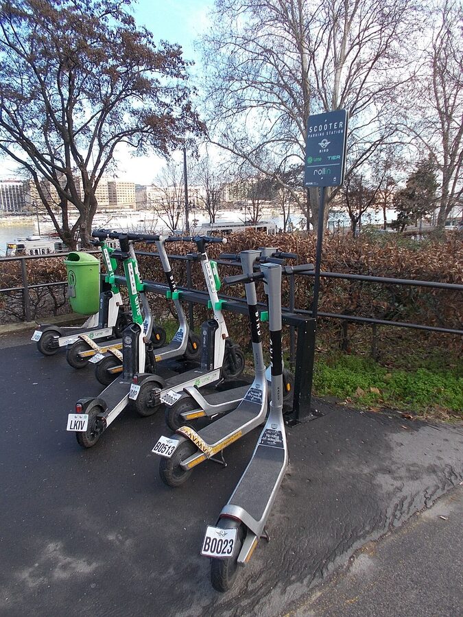 E-scooter parking station on Lanchid Street near Chain Bridge Budapest