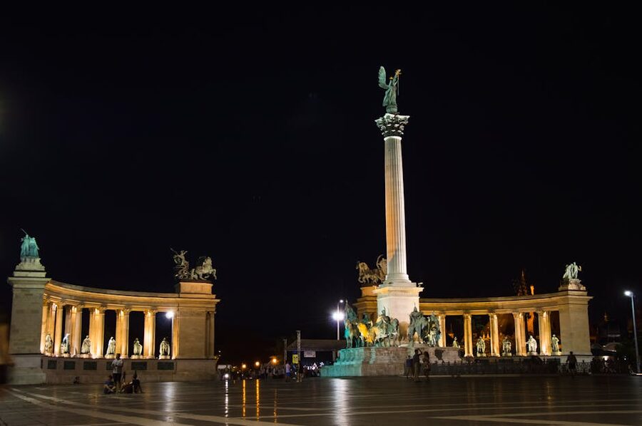 Heroes Square Budapest illuminated at night