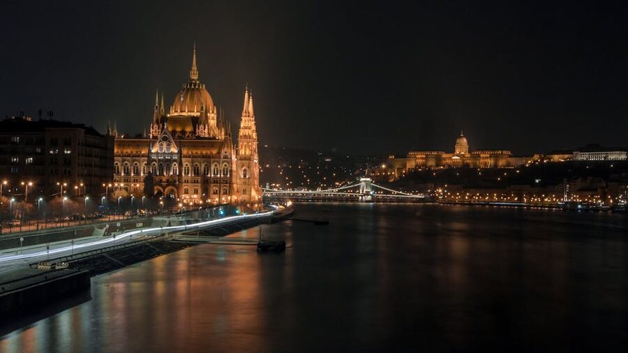 Budapest at night with Parliament and Chain Bridge illuminated