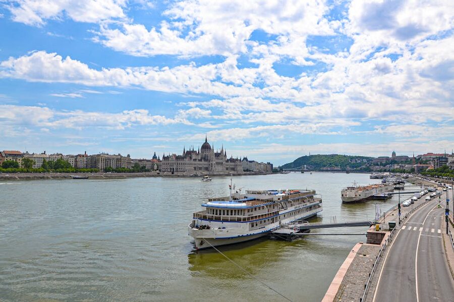 Budapest Parliament with cruise boats on the Danube