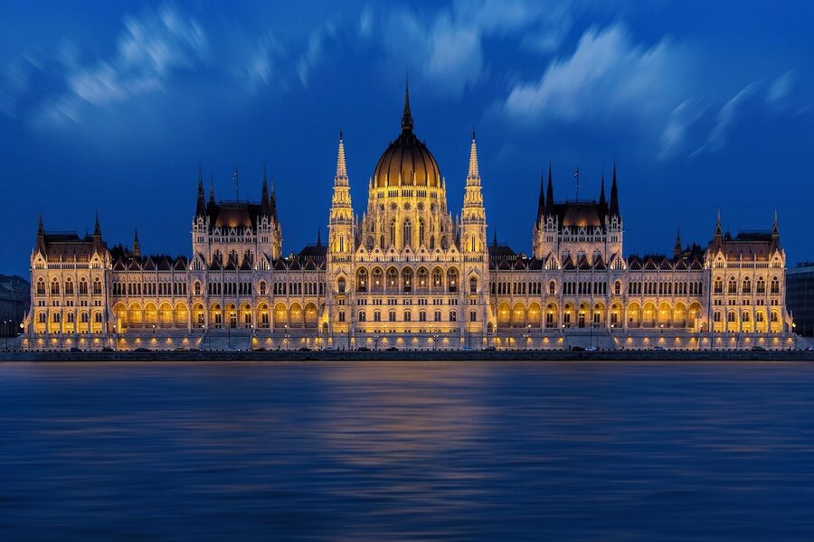 Hungarian Parliament Building illuminated from the Danube