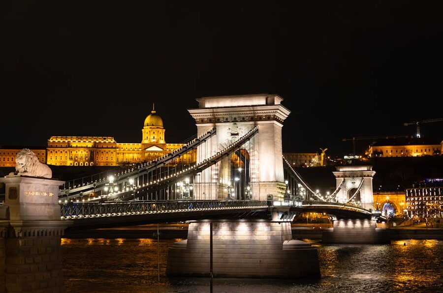 Chain Bridge illuminated at night with reflection on the Danube and Buda Castle in background