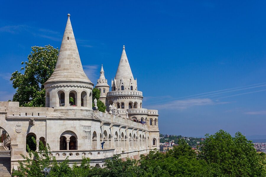 The white Neo-Romanesque turrets of Fisherman's Bastion on Castle Hill in Budapest