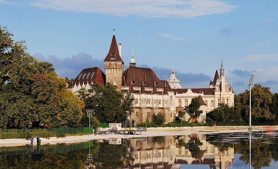 Vajdahunyad Castle in Budapest's City Park with mixed Romanesque and Gothic architecture