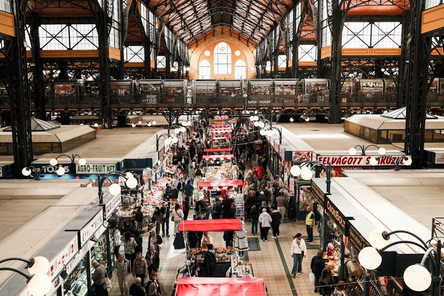 Budapest Central Market Hall interior with shoppers