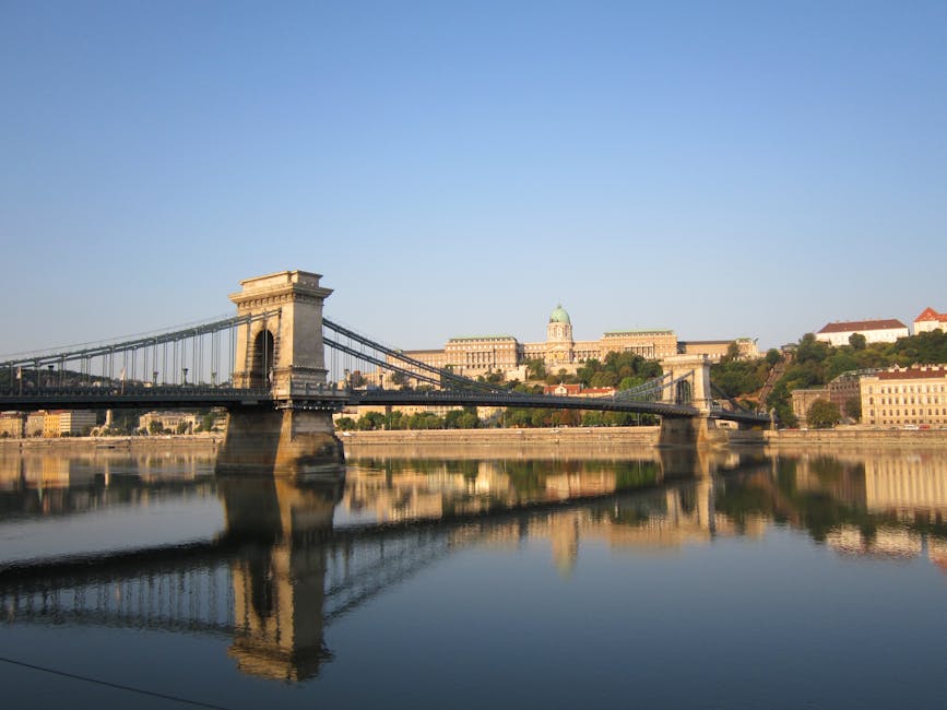 Chain Bridge and Buda Castle reflected in Danube morning Budapest