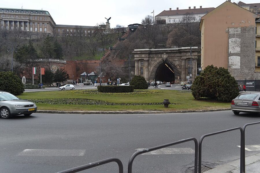 Historic street in Budapest with grand buildings