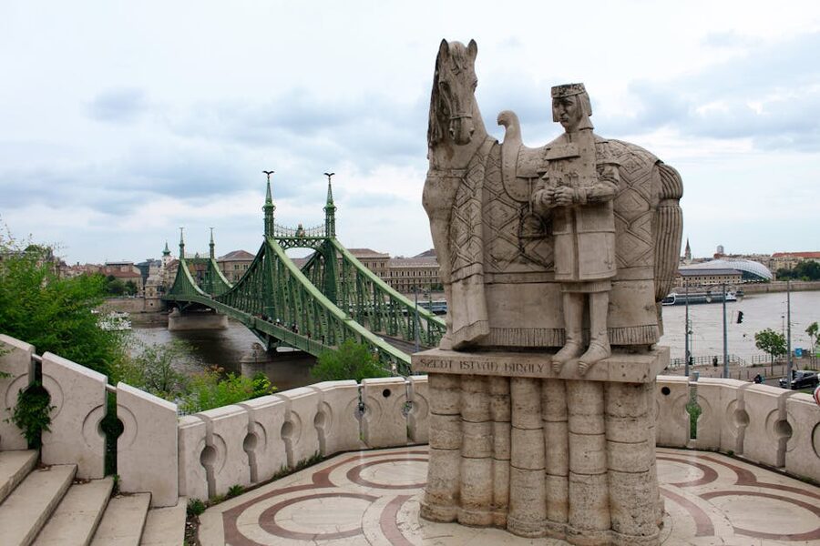 King Saint Stephen statue and Liberty Bridge Budapest