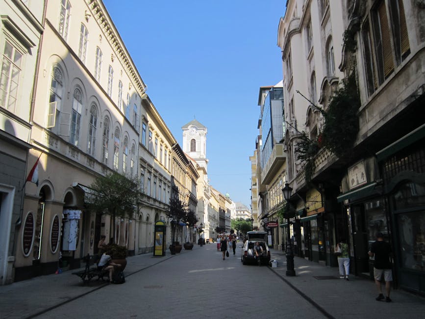 Pedestrian street in central Budapest with people walking