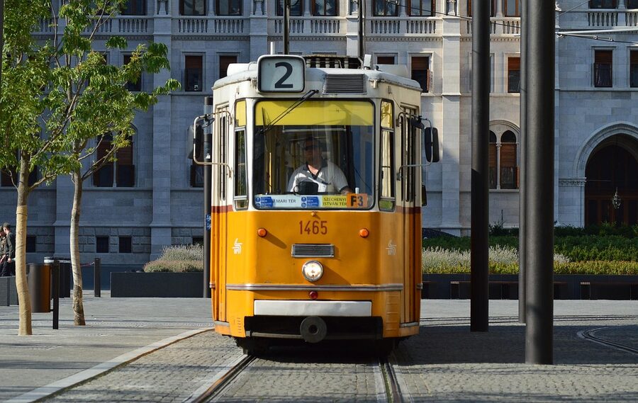 Yellow tram on a Budapest street