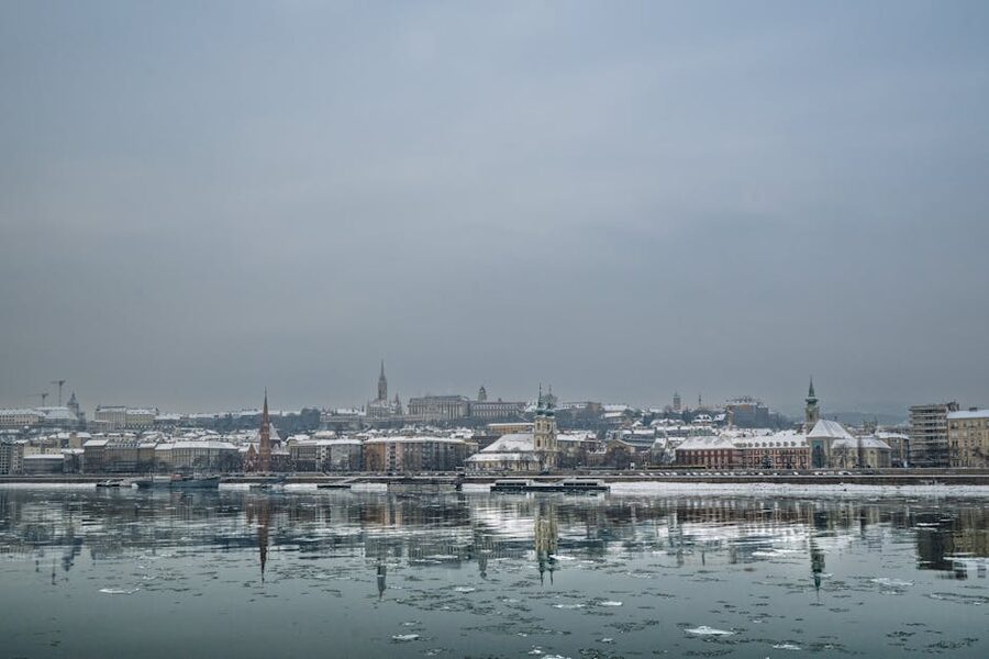 Snowy winter Budapest skyline with the Danube