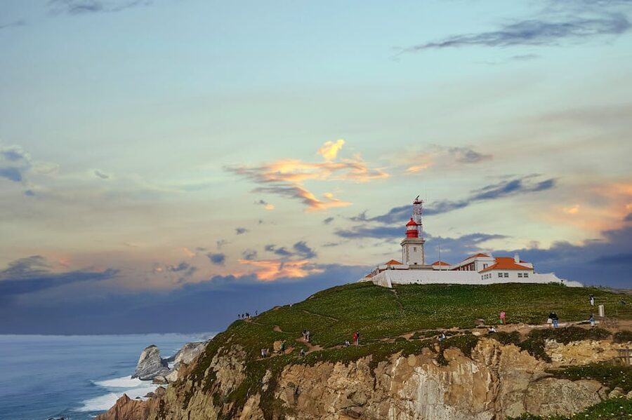 Cabo da Roca cliff and lighthouse at sunset Lisbon coast