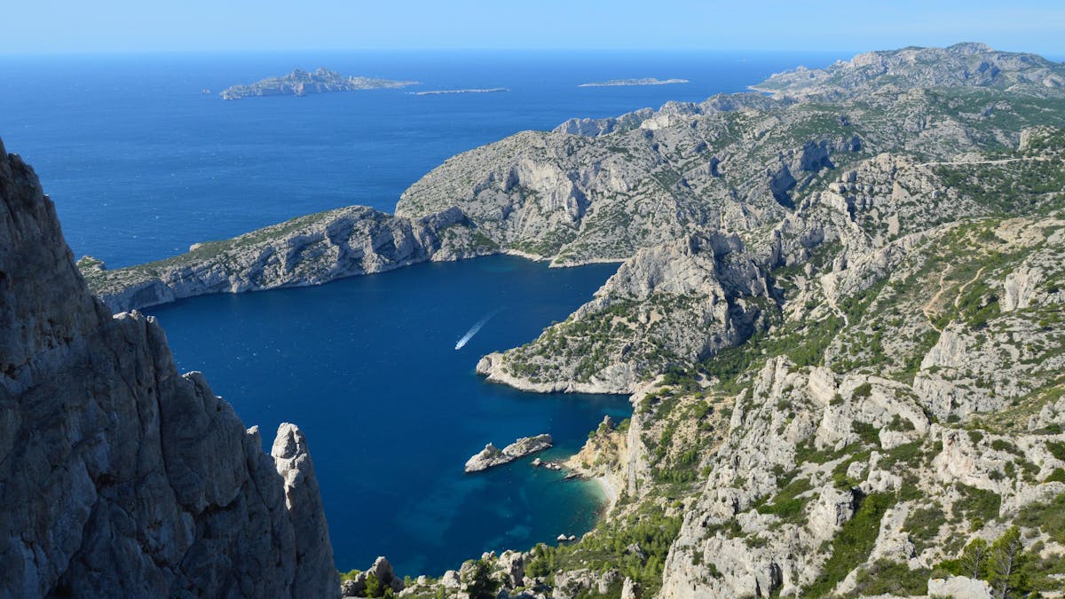 Aerial view of Calanques National Park showing coastline